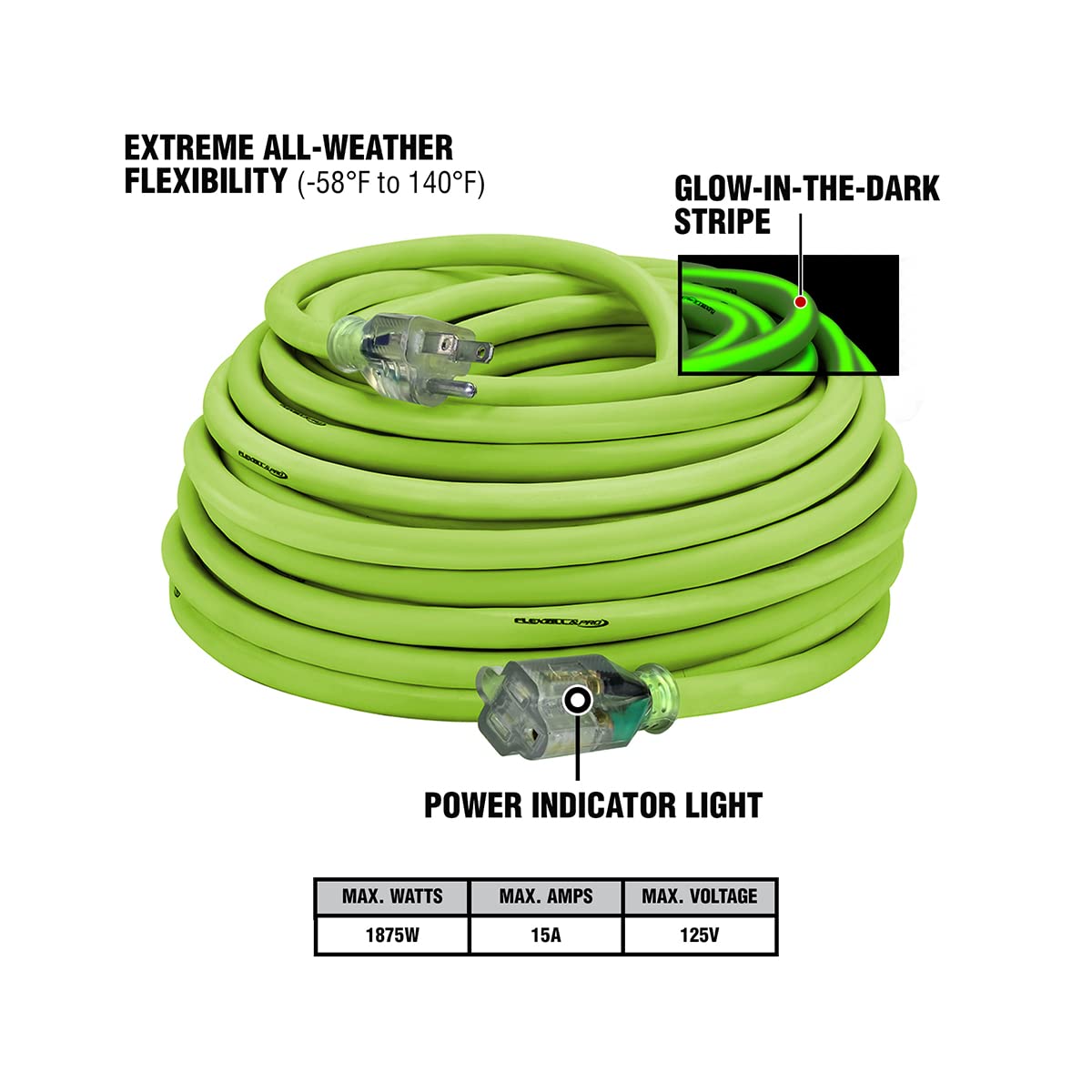 Flexzilla Pro Extension Cord, 10/3 Awg Sjtw, 100 Ft., Lighted Plug, Indoor/Outdoor, Zillagreen - Fz512935