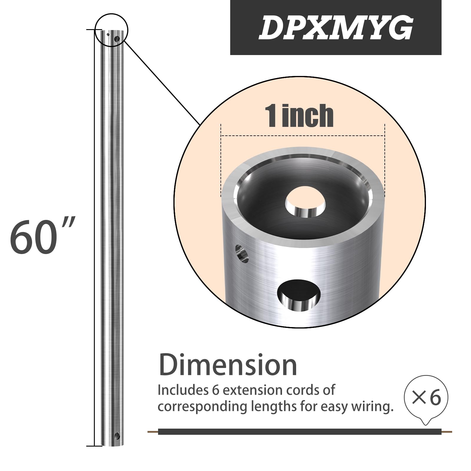 Dpxmyg 60 Inch Ceiling Fan Downrod With Extension Cord, 5 Ft Brushed Nickel Downrod For Ceiling Fan, 1 Inch Outside Diameter, Ce