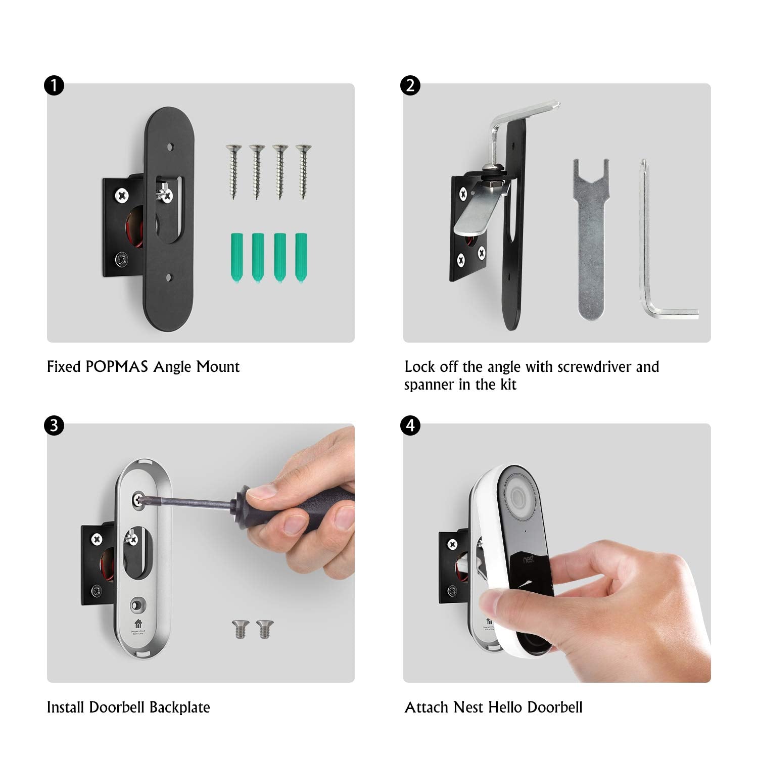 Popmas Horizontal Adjustable Mount For Google Nest Doorbell (Wired) Left 60 To Right 60 Degree Angle Adapter Bracket