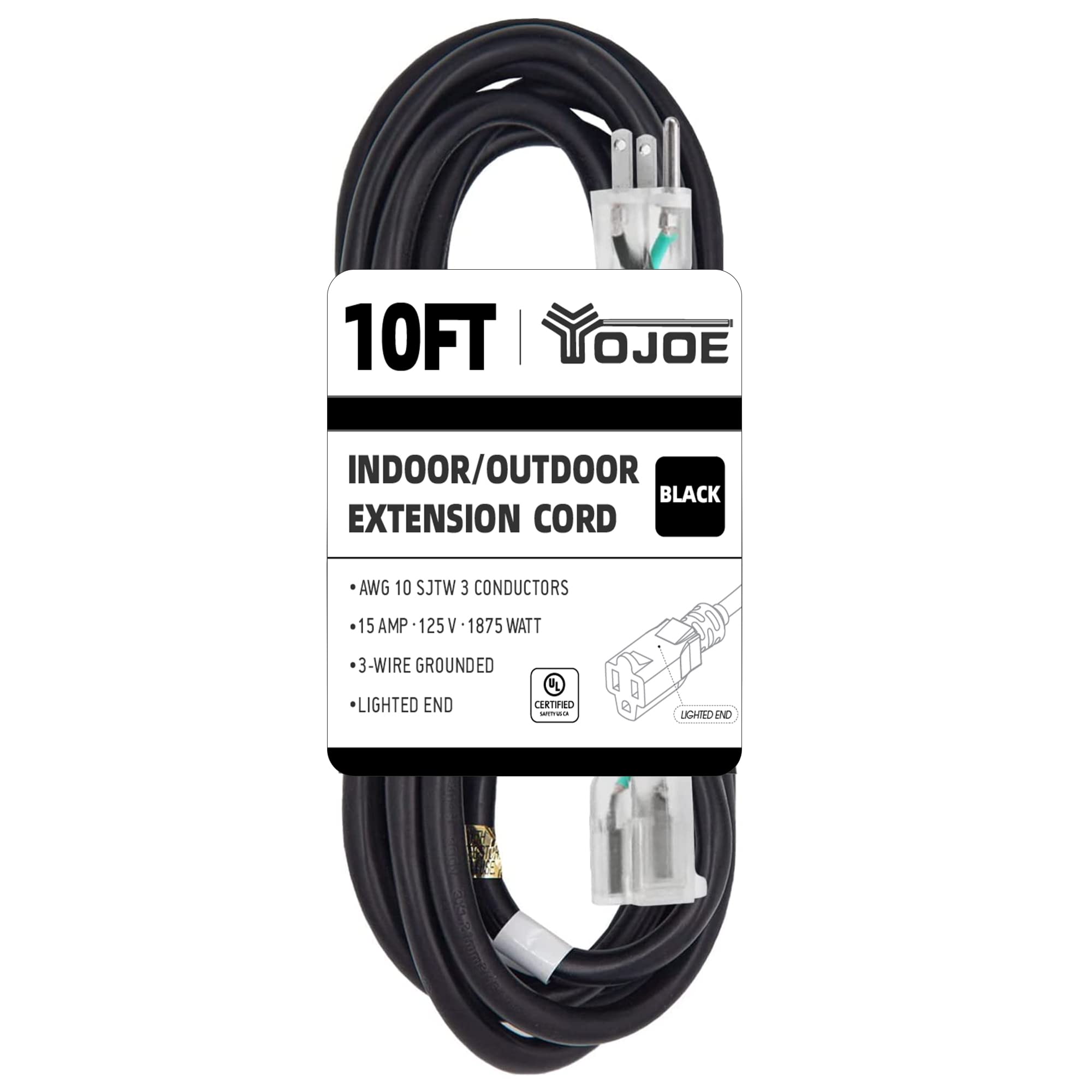 Yojoe Indoor Outdoor Extension Cord With Lighted End, 3 Prong 15A Weatherproof Power Extension Cord, 10 Gauge Heavy Duty 10 Ft B