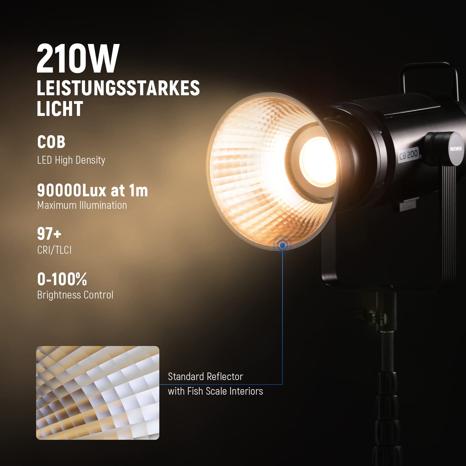Neewer Cb200B 210W Led Video Light With 2.4G/App Remote Control, All Metal Bi Color Cob Continuous Output Lighting With Bowens M