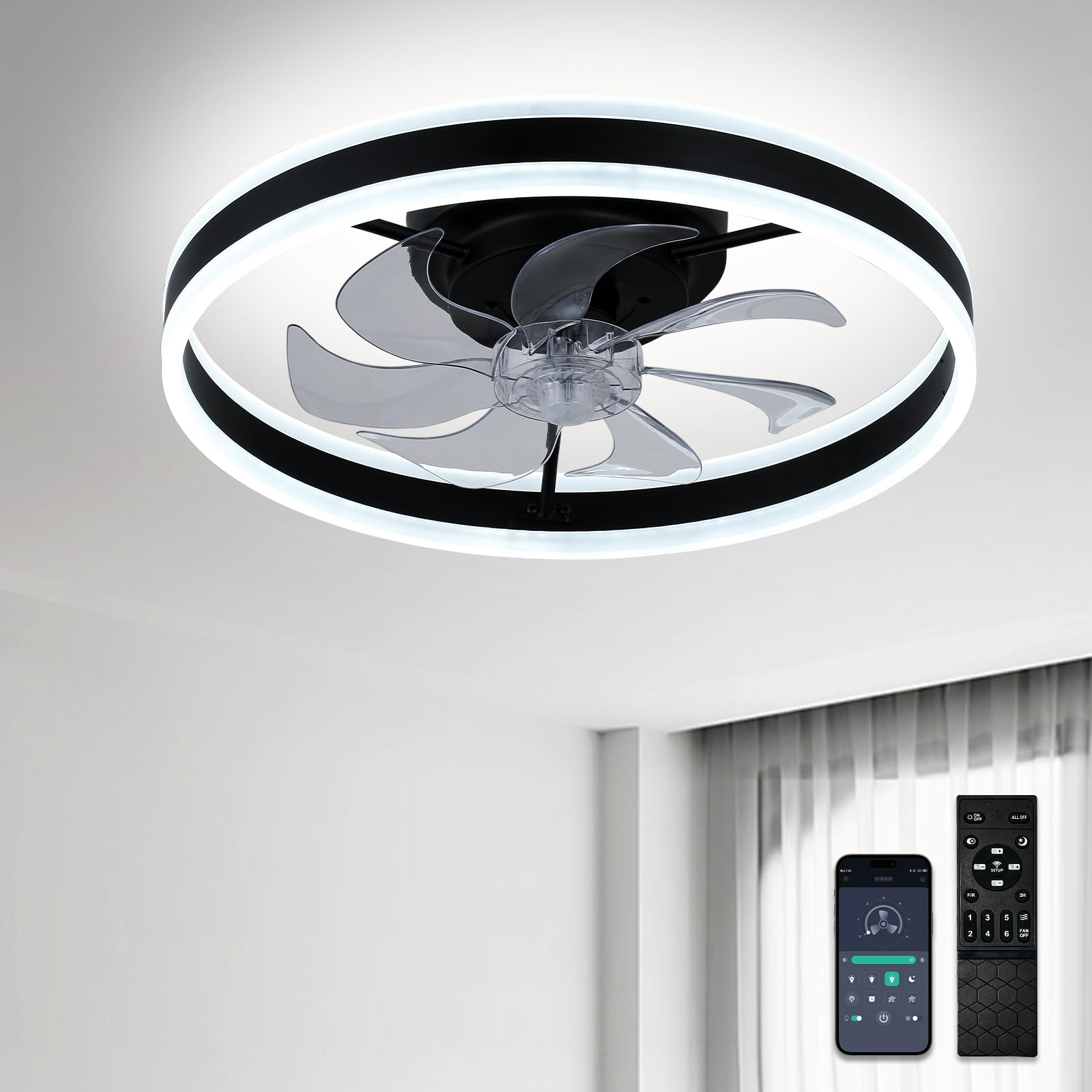 Diisunbihuo Low Profile Ceiling Fans With Lights And Remote,20'' Flush Mount Fandelier Dimmable Led Fan Light Black Bladeless Ce