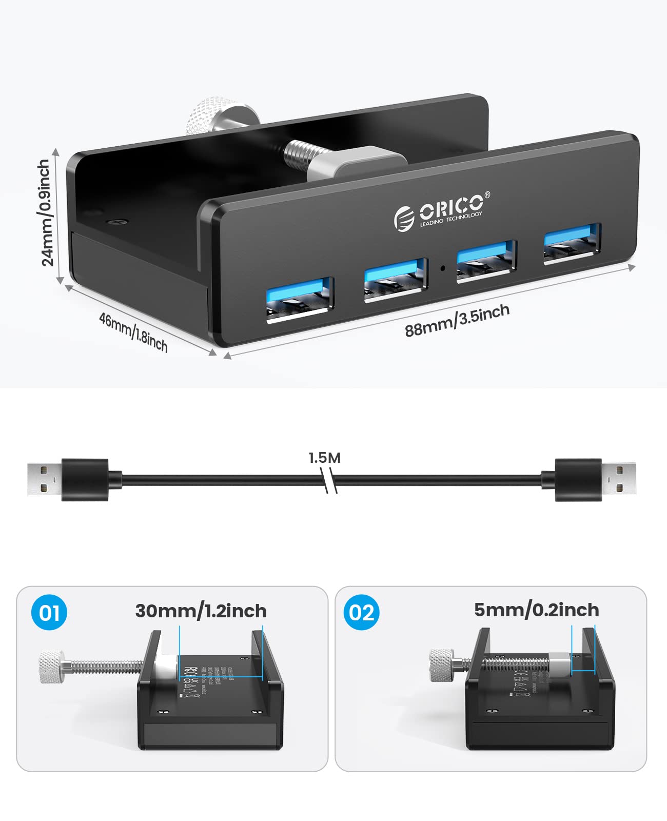 ORICO USB 3.0 Hub, USB Hub Clamp, Aluminum 4 Port USB Splitter with 4.92 FT USB Data Cable, Desktop Powered USB Hub for Monitors/Desks Black (Without Power Adapter)