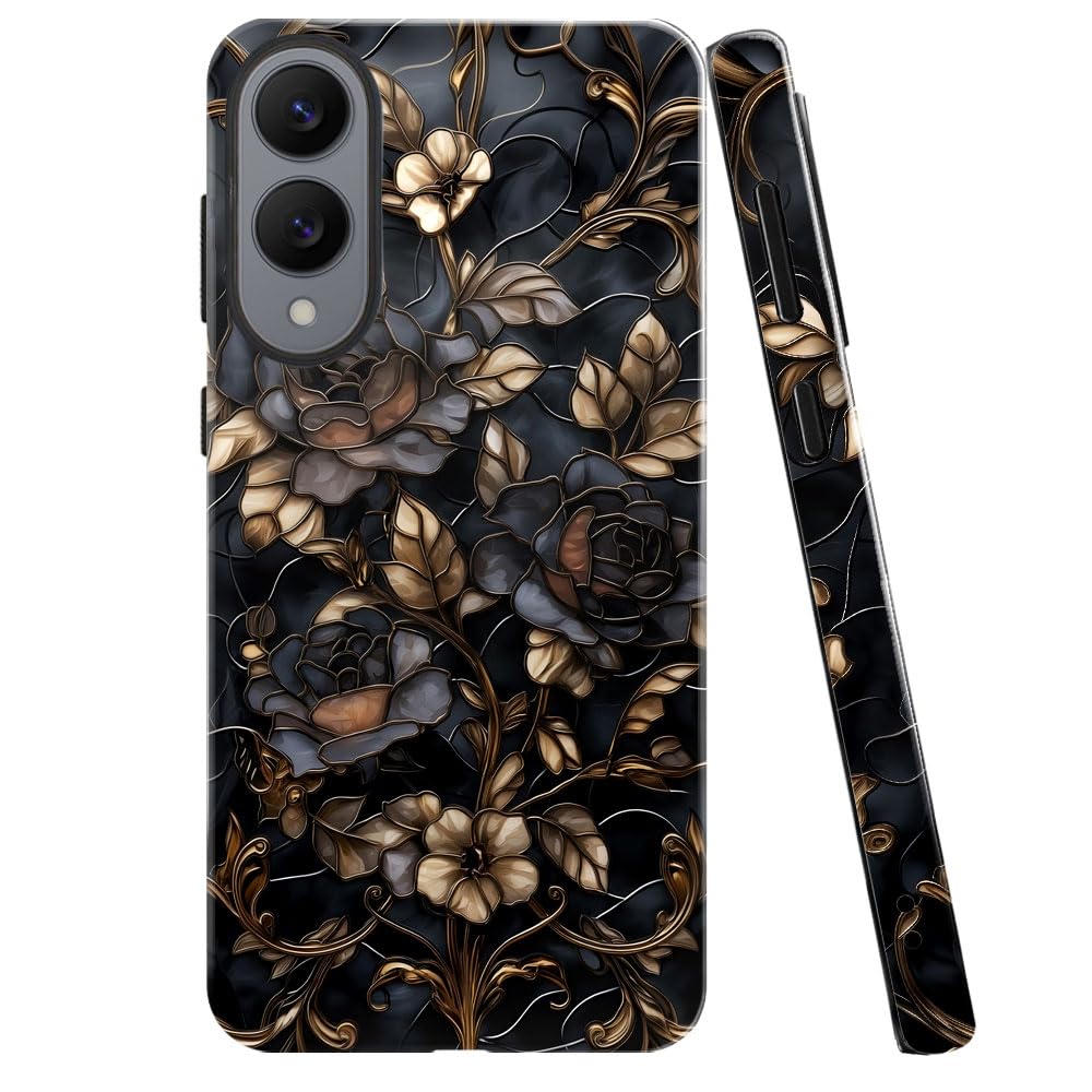 Case for Samsung Galaxy S25 Edge,Stained Glass Gold Dark Academia Flower Phone Case Military-Grade Drop Protection Cover for Wom