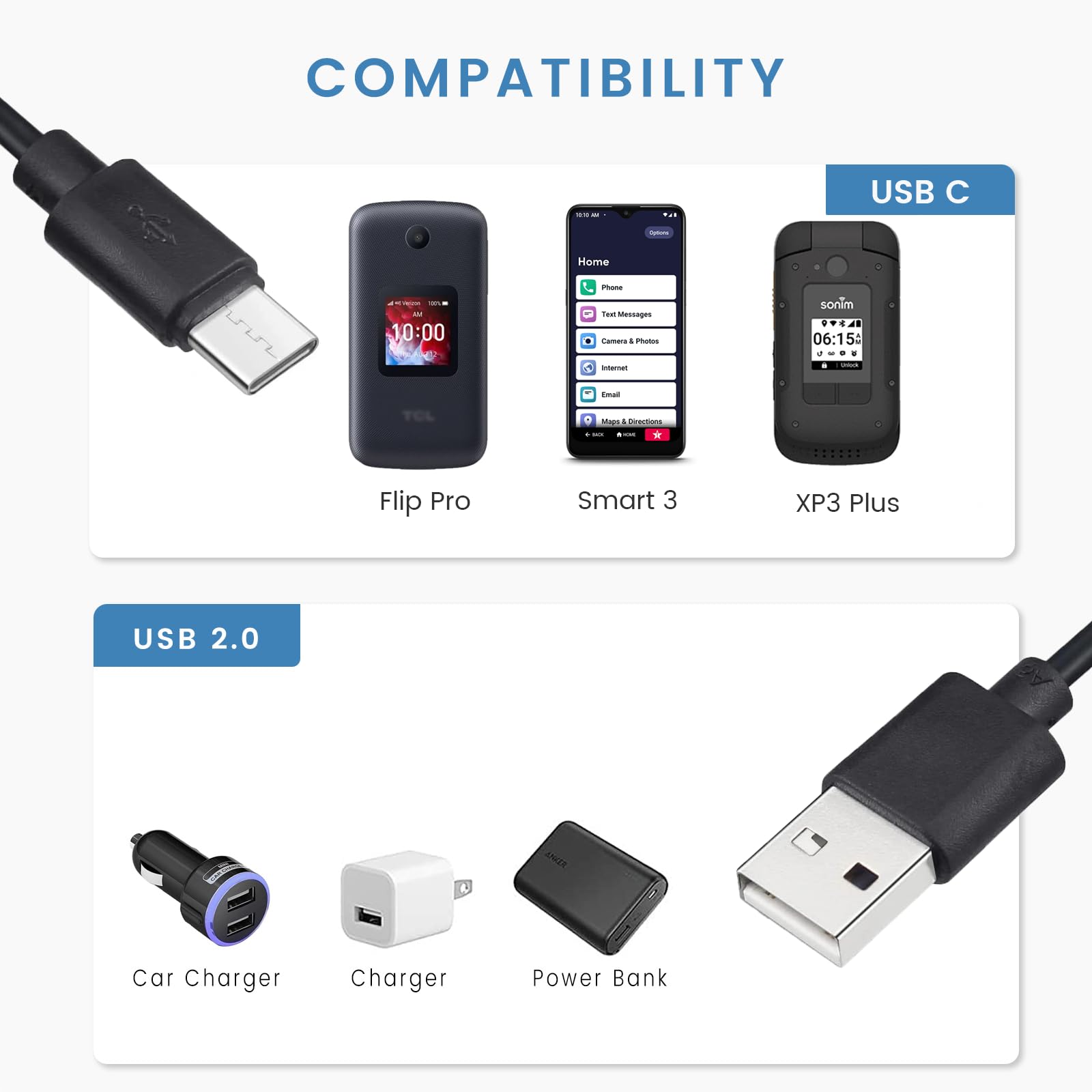 Charger For Tcl Flip Pro, Jitterbug Flip 2 Lively Smart 3 Phone, Sonim Xp3 Plus Xp8 Phone, Usb C Cable 6 Ft With Adapter