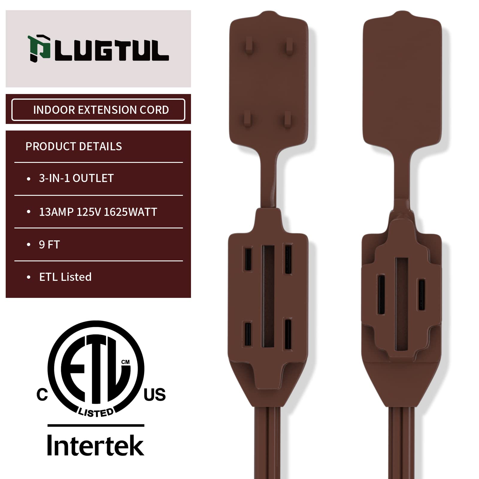 Plugtul Indoor Brown Extension Cord 9 Feet, 3 Outlet Household Extension Cord, 2 Prong, 16Gauge, 3 Polarized Outlets With Safety
