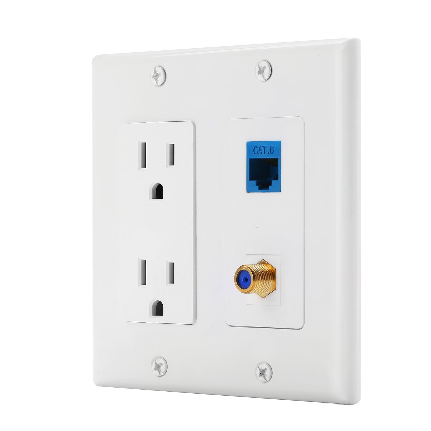 Ibl 15A Power Outlet, 1 Port Cat6 Ethernet, 1 Port Coax Cable Tv Gold Plated F Type  Wall Plate In White