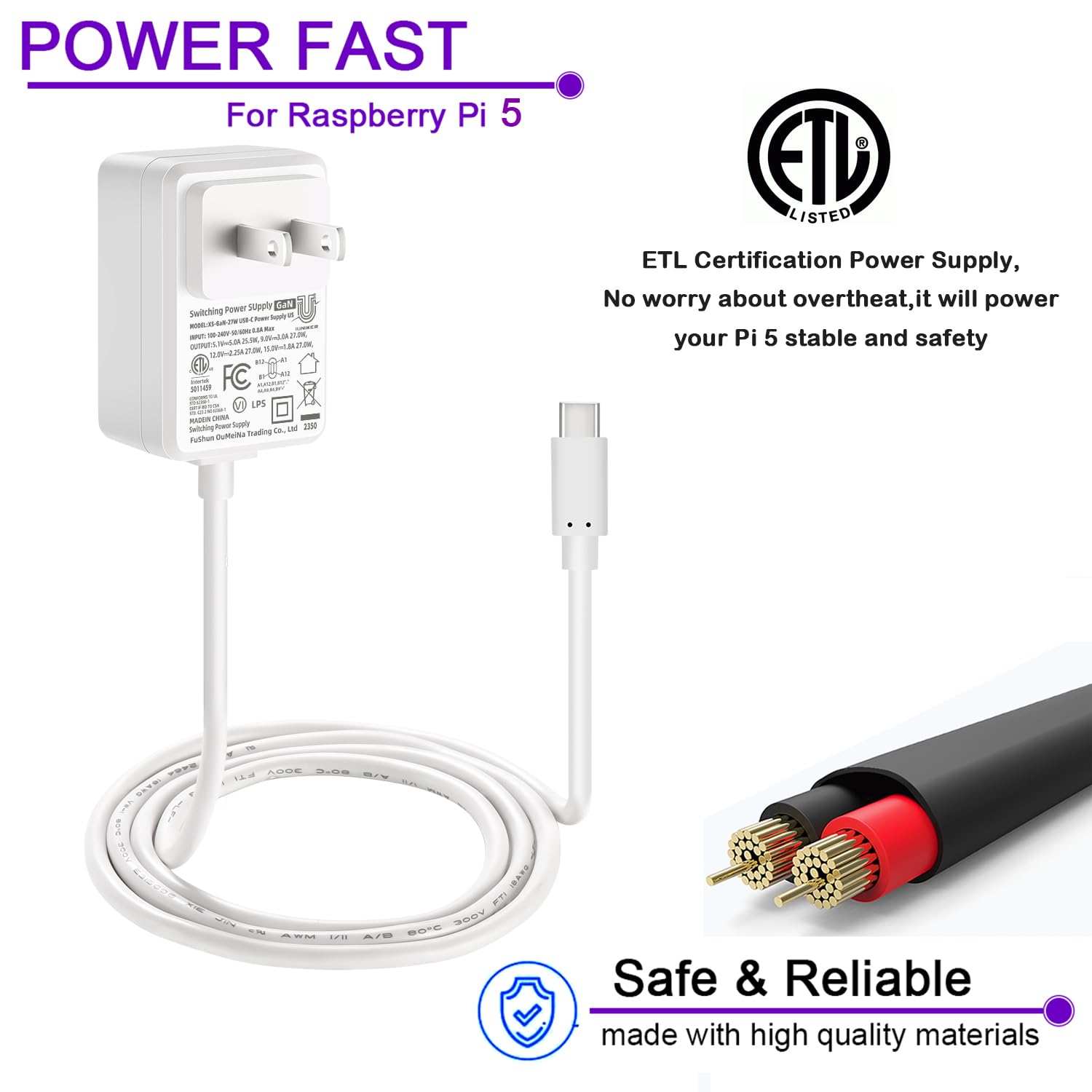 [Gan Pd 27W] Iuniker Power Supply For Raspberry Pi 5, 5.1V 5A 27W Pd Power Supply Usb C Power Supply For Raspberry Pi For Raspbe