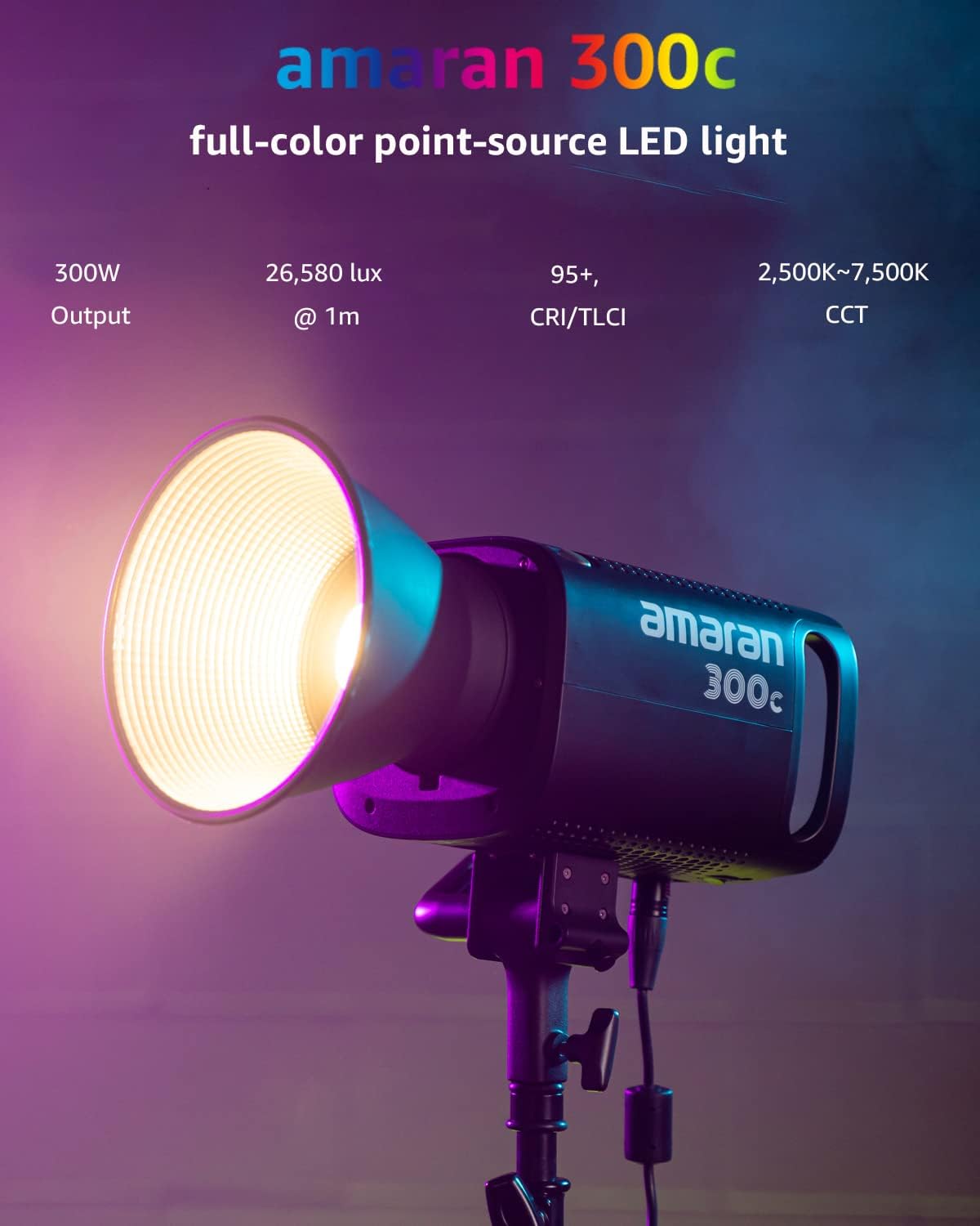 Amaran 300C Rgb Led Video Light,Bowen Mount, 2,500K 7,500K Cct With G/M Adjustment, App Control,Key Light,Studio Light,Photograp