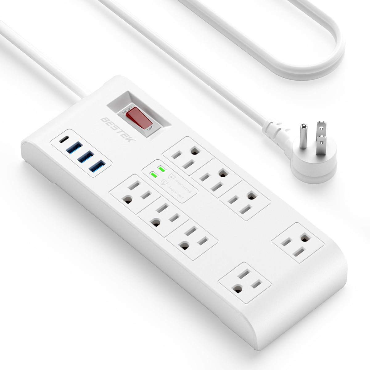 Bestek 4,000 Joules Surge Protector With Usb, Power Strips With 8 Ac Outlet, 3 Usb A 2.4A 1Usb C 3A, Max Output 1625W 13A, Long 5 Feet Heavy Duty Extension Cords 7 White