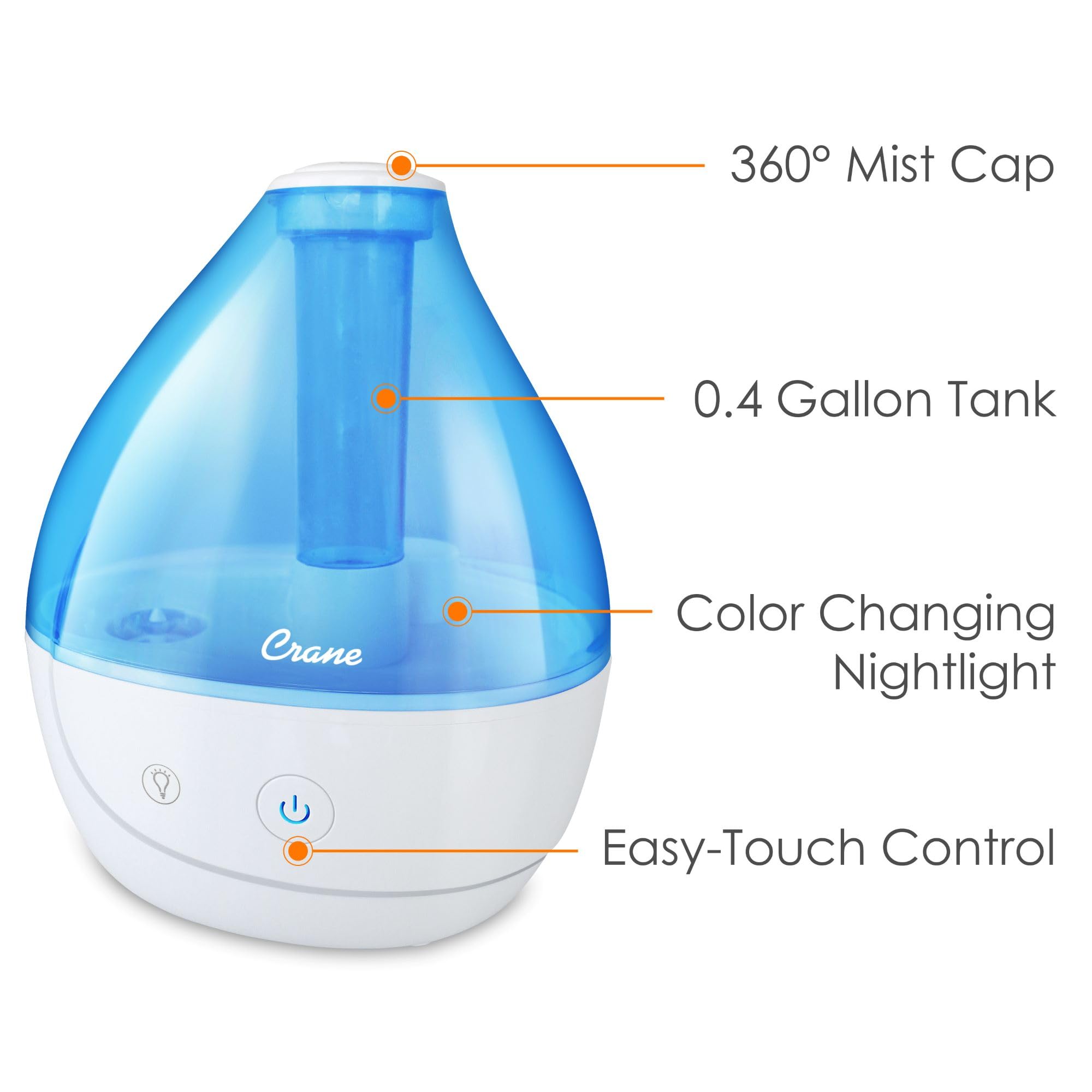 Crane Personal Ultrasonic Cool Mist Humidifier   1.5 Liter, 8 Hour Run Time, Whisper Quiet, Auto Shut Off, Filter Free For Small