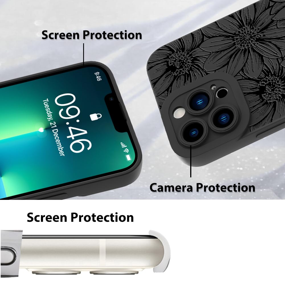 Mzelq For Iphone 13 Pro Case, Silicone Black Floral Flowers Sunflowers Cute Pattern, Camera Protection Soft Slim Phone Case For