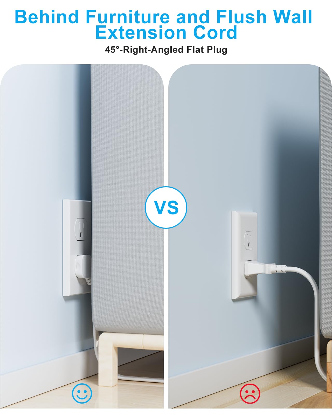 Flat Extension Cord 15 Ft Behind Furniture Ultra Slim Cord Under Carpet, Rug, Door, Long Extension Cord With 3 Usb 3 Outlets, Lo