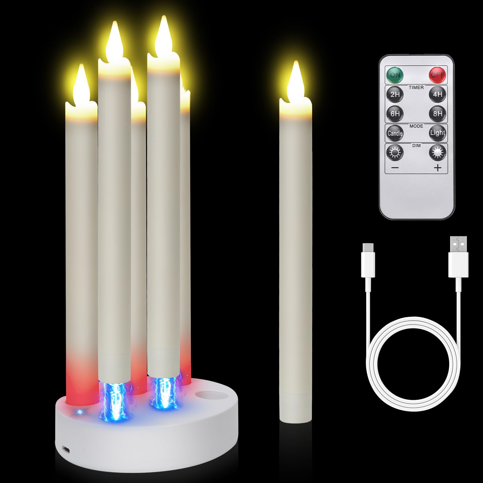 Koncifun Rechargeable Flameless Taper Candles 6 Pcs LED Taper Flickering Candles with Charging Station and Remote Timer for Wedd