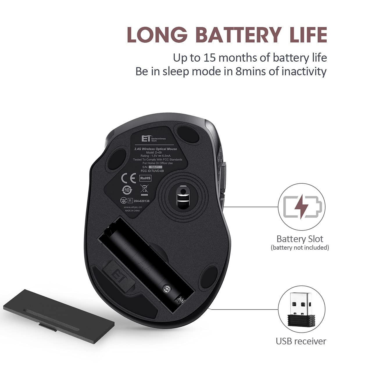 Hotweems Wireless Mouse, D 09 Computer Mouse Usb Cordless Mice For Laptop, Ergo Grips, Lightspeed 5 Level 2400 Dpi, 16 Months Battery, Portable For Pc Mac Chromebook (Red, 1 Pack)