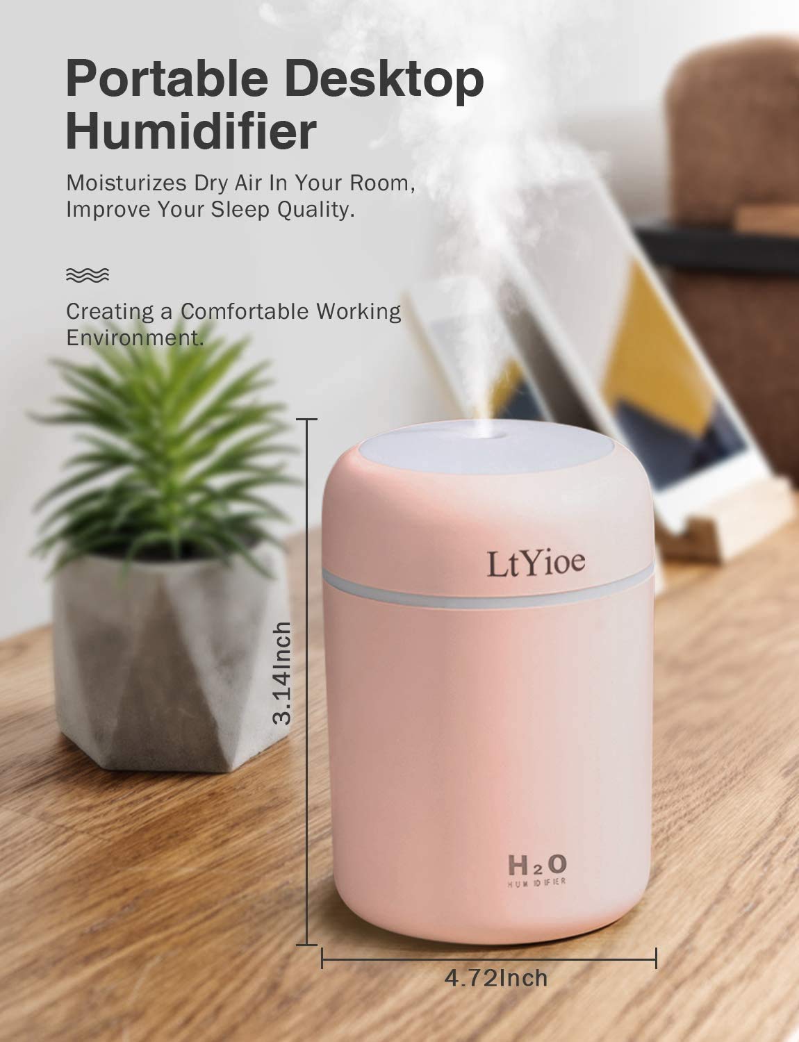 Ltyioe Colorful Cool Mini Humidifier, Usb Personal Desktop Humidifier For Car, Office Room, Bedroom,Etc. Auto Shut Off, 2 Mist M