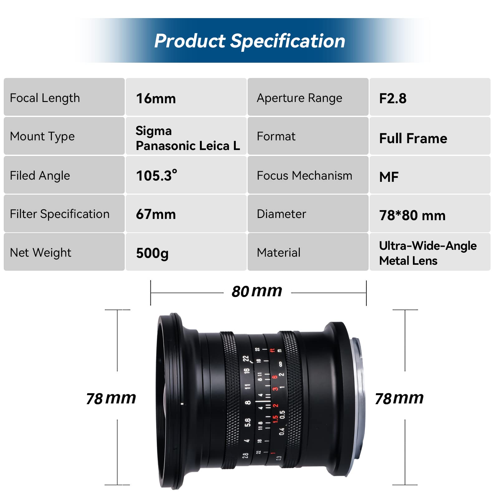 Brightin Star 16Mm F2.8 Full Frame Ultral Wide Angle Manual Focus Mirrorless Camera Lens, Fit For L Mount Leica Sl, Sl2, T, Tl,