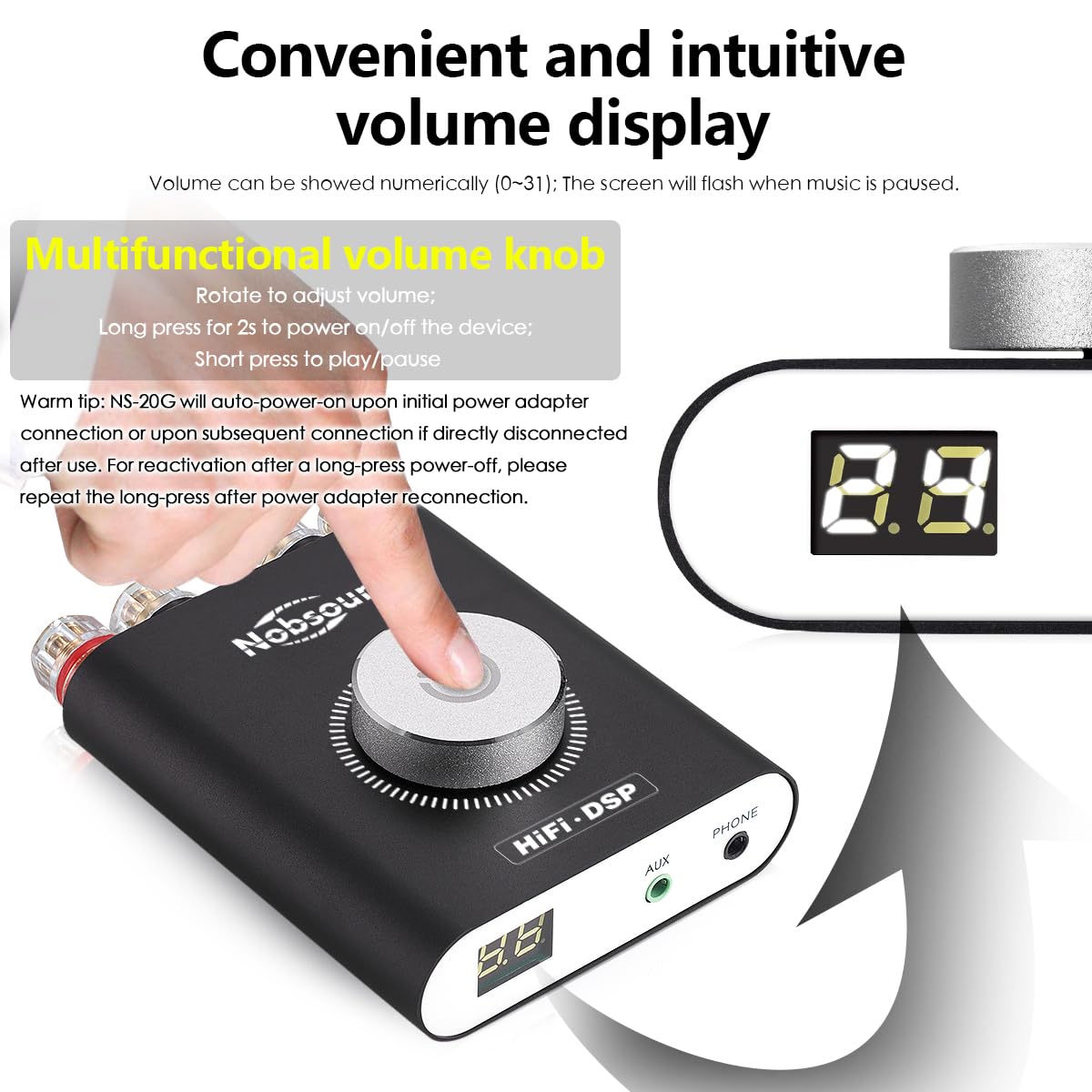 Nobsound Ns 20G 200W Mini Bluetooth 5.0 Power Amplifier 2.0 Channel Wireless Receiver Hi Fi Dsp Stereo Headphone Audio Amp Led D