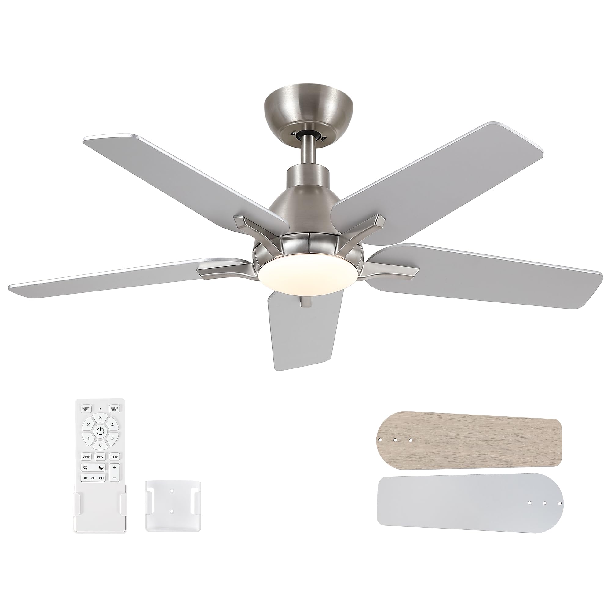 Putroad 42 Inch Ceiling Fans With Lights, Brushed Nickel Ceiling Fan With Remote, Modern Ceiling Fan For Bedroom, Living Room, D