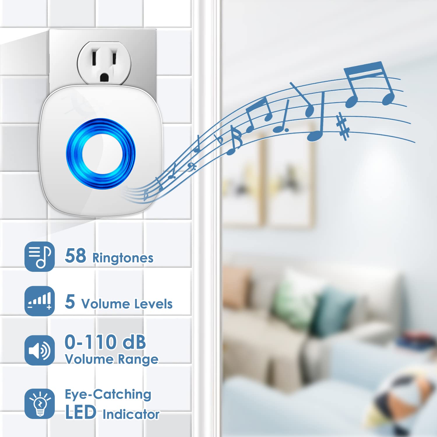 Wireless Door Bell, Physen Waterproof Doorbell Chimes For Home Operating At Over 1300 Ft Range 58 Doorbell Ringer 5 Volume Level