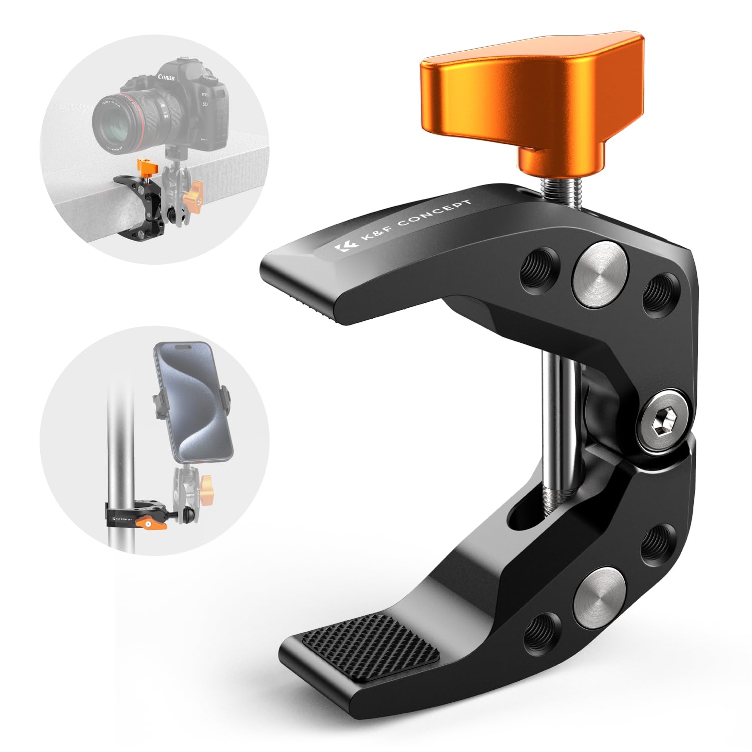 K&F CONCEPT Camera Mount Clamp, Super Crab Clamp with 1/4 Thread Holes, 60mm Max Opening for Round Pipe Flat Surface, Monitors, 