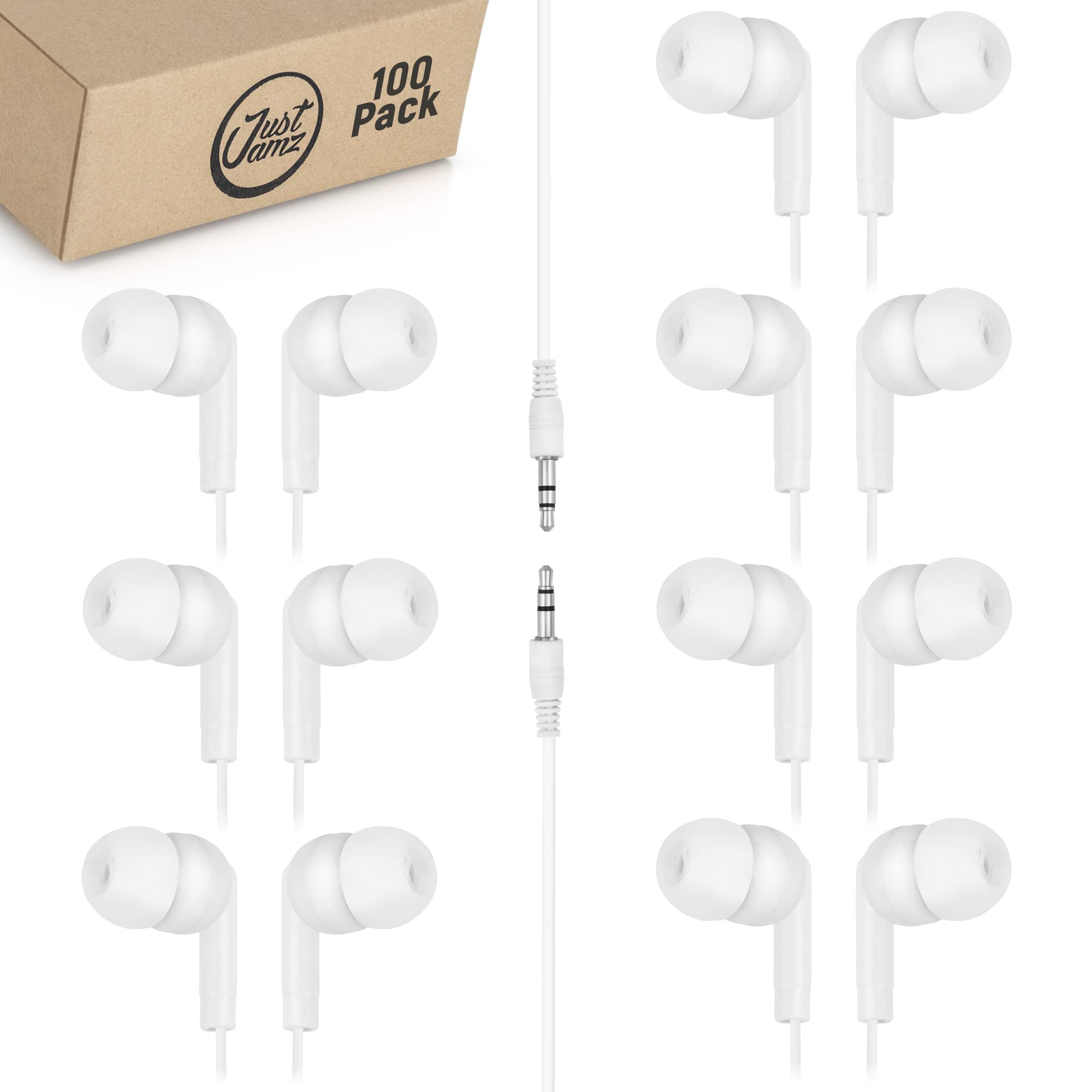 Justjamz Basic Pearl White Headphones Disposable Earbuds Earphones For Kids And Adults, 100 Pack