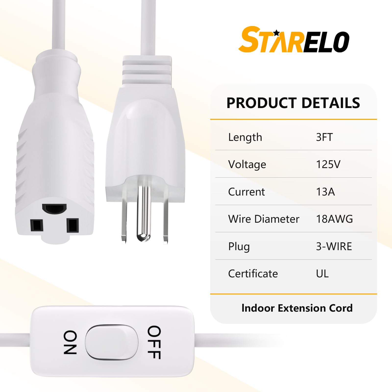 Starelo Extension Cord With Switch 3 Prong Indoor White Extension Cord,1625W 18Awg Extension Cord,Control Switch On/Off 13A 125V