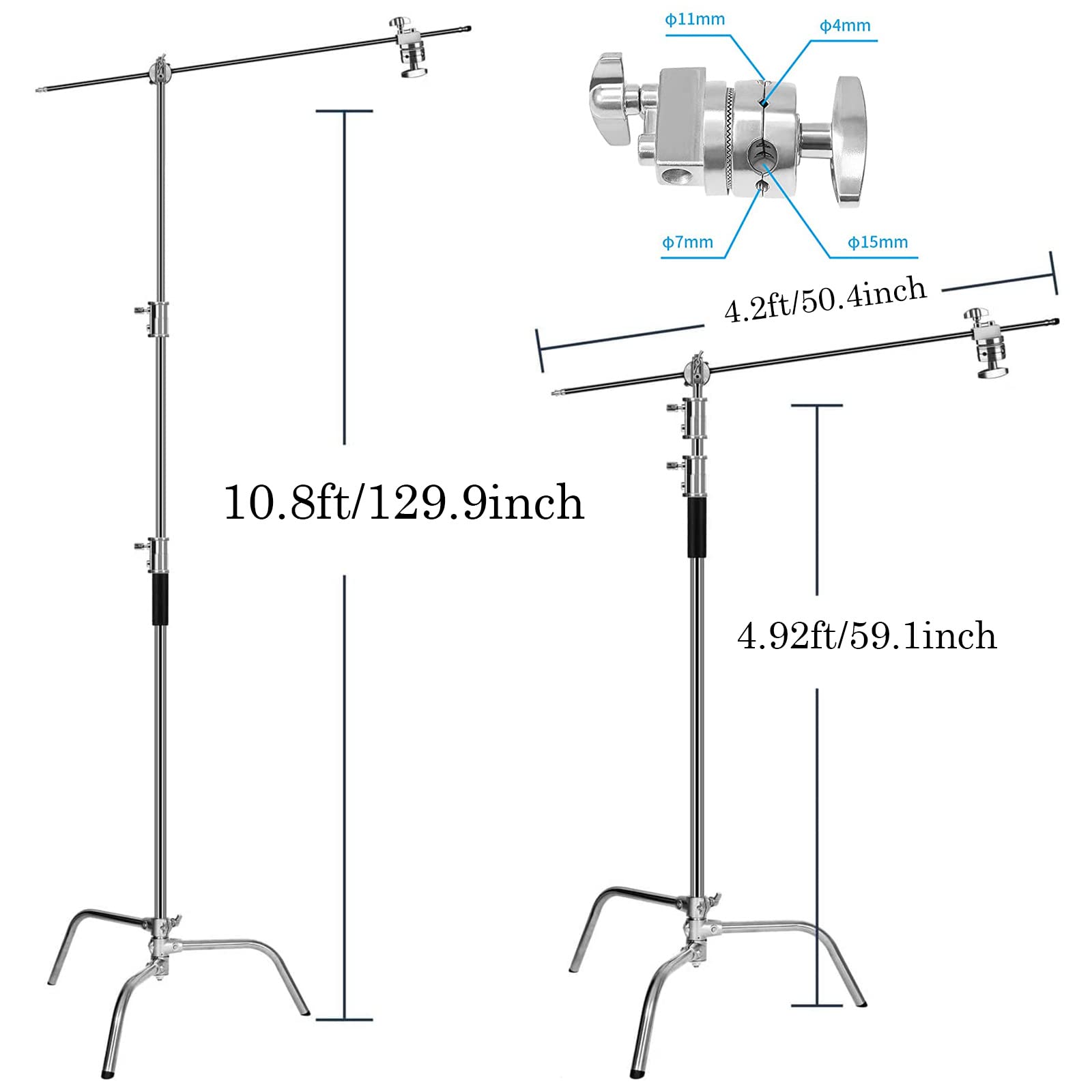 C Stand With Boom Arm Tainless Steel Heavy Duty Stand Max Height 10.8Ft/330Cm,Adjustable Photography Light Stand With 4.2Ft/128C