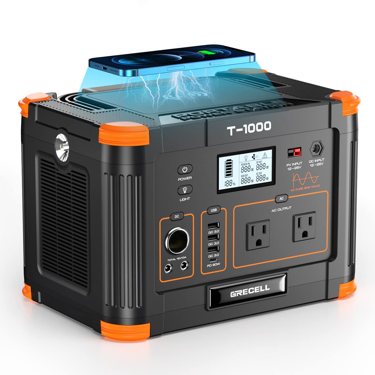 Portable Power Station 1000W (Peak 2000W), GRECELL 999Wh Solar Generator with 60W USB-C PD Output, 110V Pure Sine Wave AC Outlet