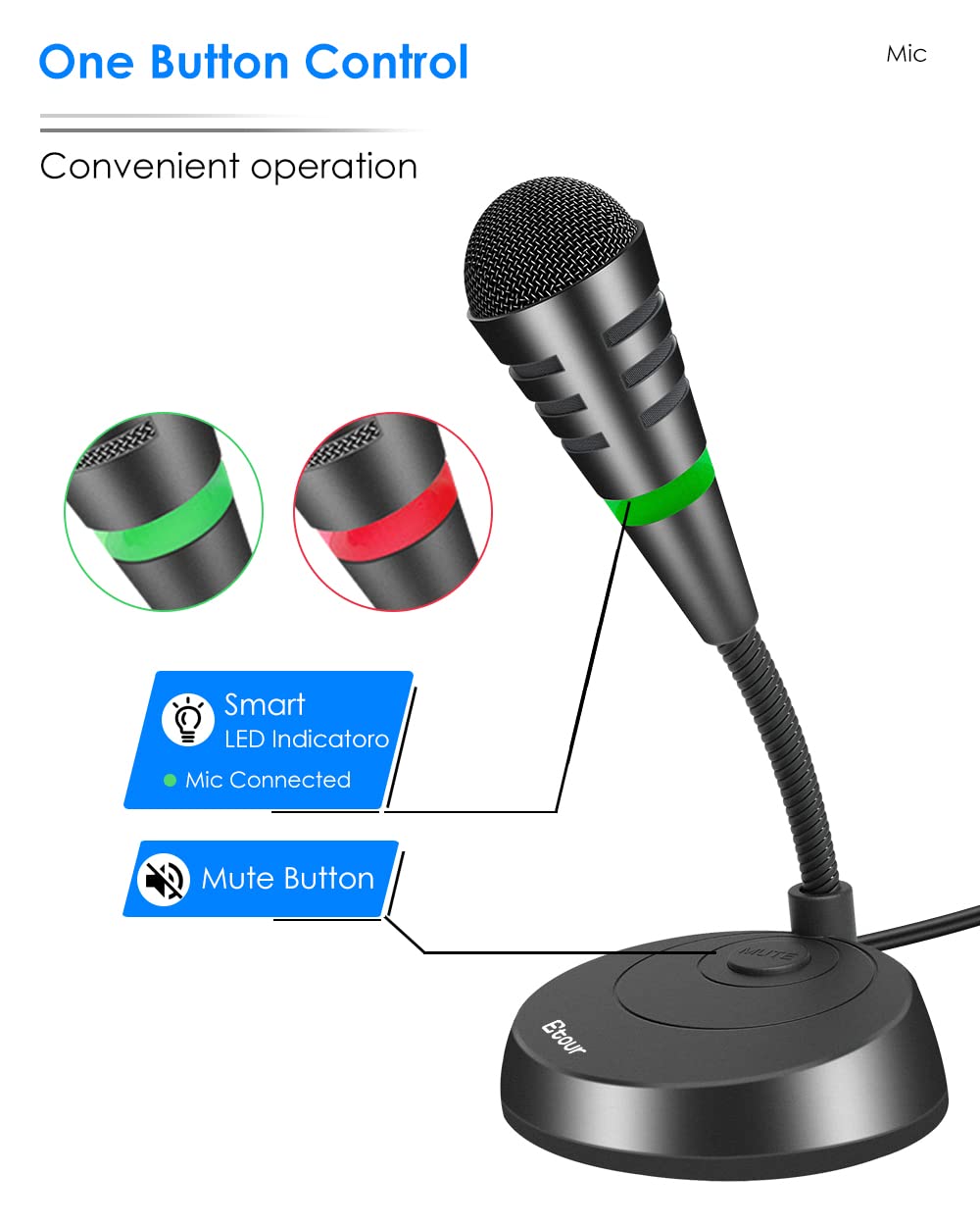Etour Little Usb Computer Microphone, Plug &Play Desktop Cardioid Condenser External Microphone For Laptop, Mute Button With Led Indicator, For Windows/Mac, Skype, Recording, Games/Zoom Meetings