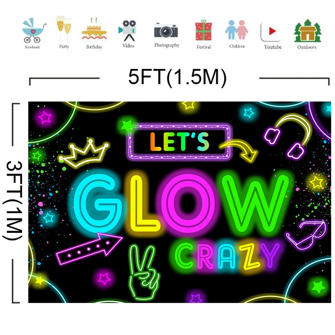 Wollmix Neon Glow Party Decorations Supplies Backdrop 5X3Ft Glow In The Dark Lets Glow Banner Photography Background Birthday Sl