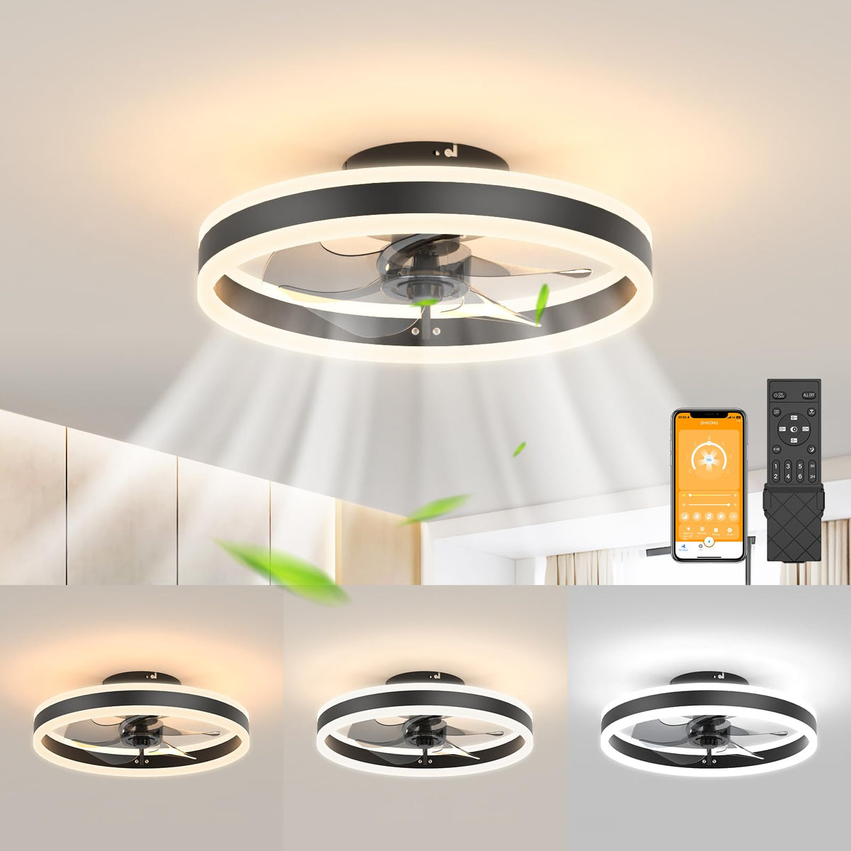 Jofios Low Profile Ceiling Fans With Lights,15.7In Flush Mount Ceiling Fan Light With Remote, Fandelier Ceiling Led Fan Light,St