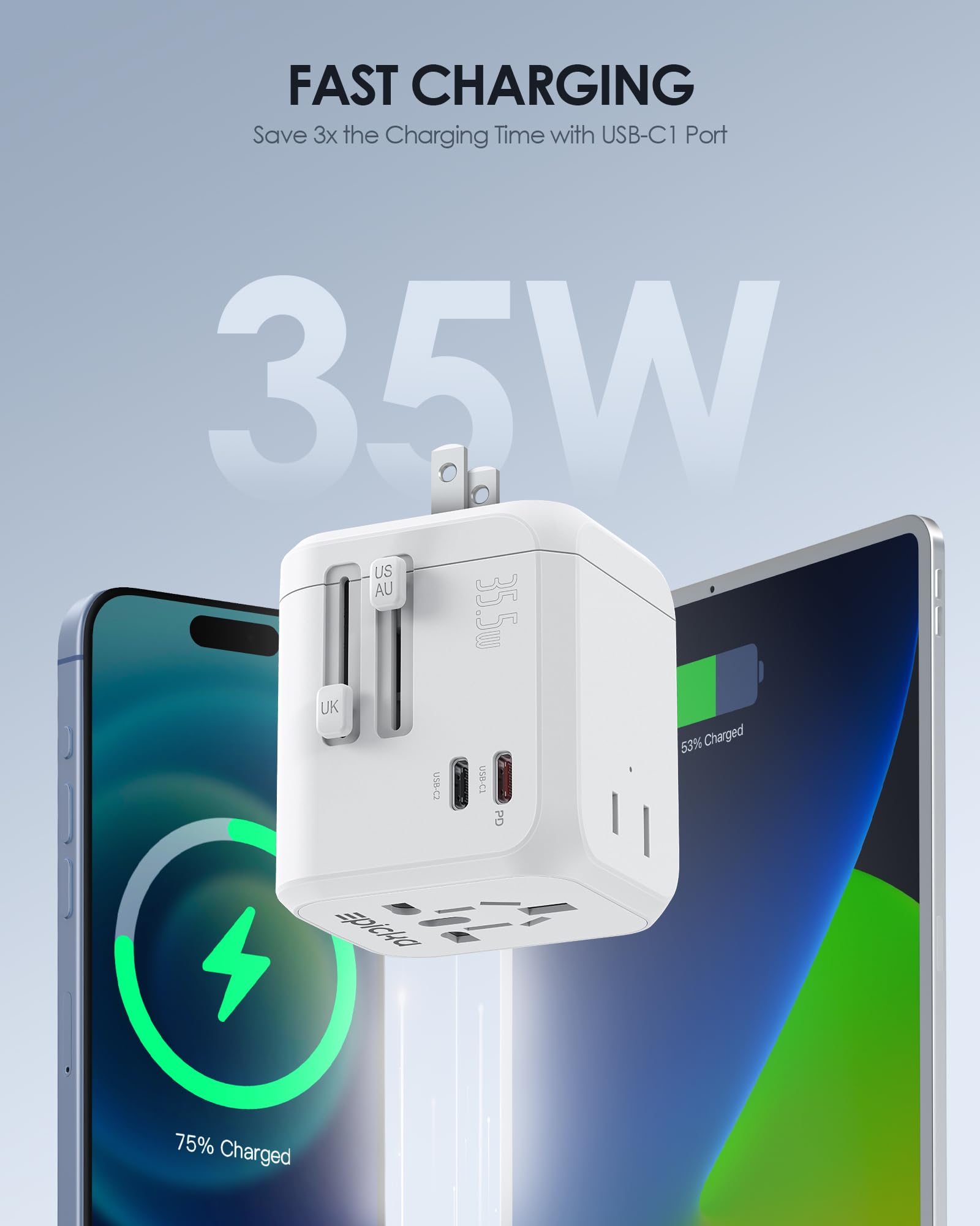 Epicka Universal Travel Adapter, International Plug Adapter With Dual Ac Outlet, 2 Usb-C 35W Pd Fast Charging & 3 Usb-A, All In