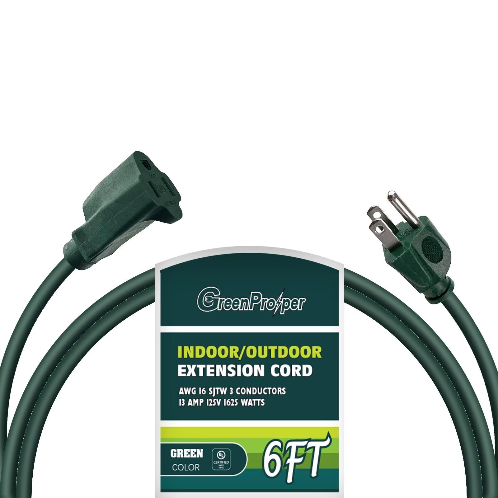 Greenprosper 6 Ft Indoor Outdoor Green Extension Cord, 16 Gauge Waterproof Electrical Power Cable, 16/3 Sjtw 3 Prong Grounded Pl