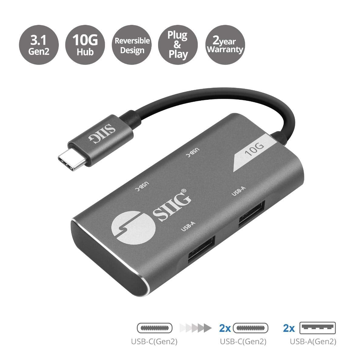 Siig 4 Port Usb 31 Gen 2 Hub Multi Usb Port   2X Usb C & 2X Usb A Ports At High Speed Data Transfer Rate 10G, Plug N Play For Ma