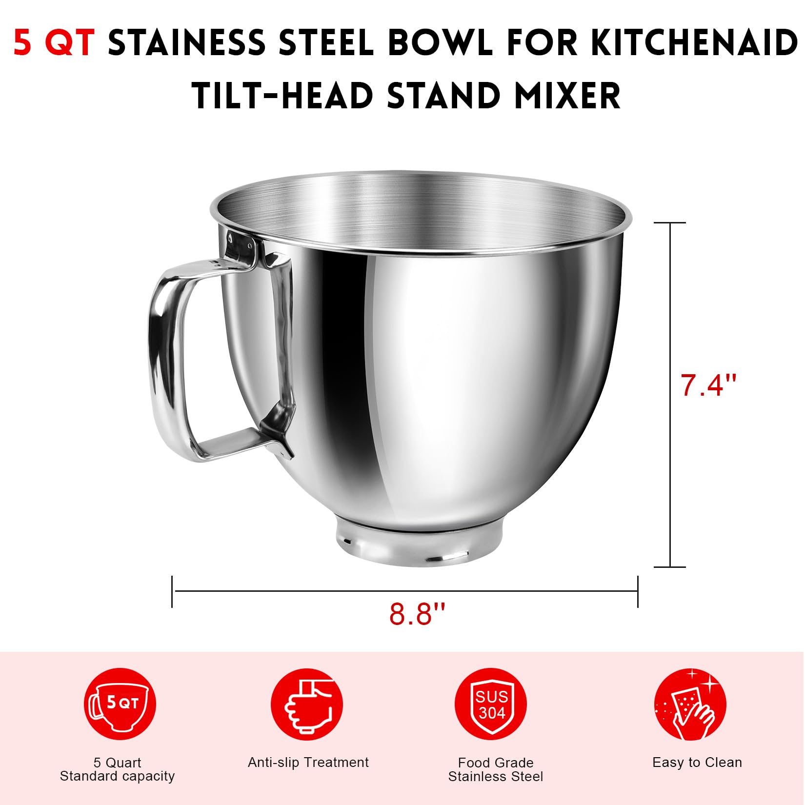 Ggc Stainless Steel 5Qt Mixing Bowl With Handle, Compatible With Kitchenaid 4.5 5 Quart Tilt Head Stand Mixers, Multipurpose Kit