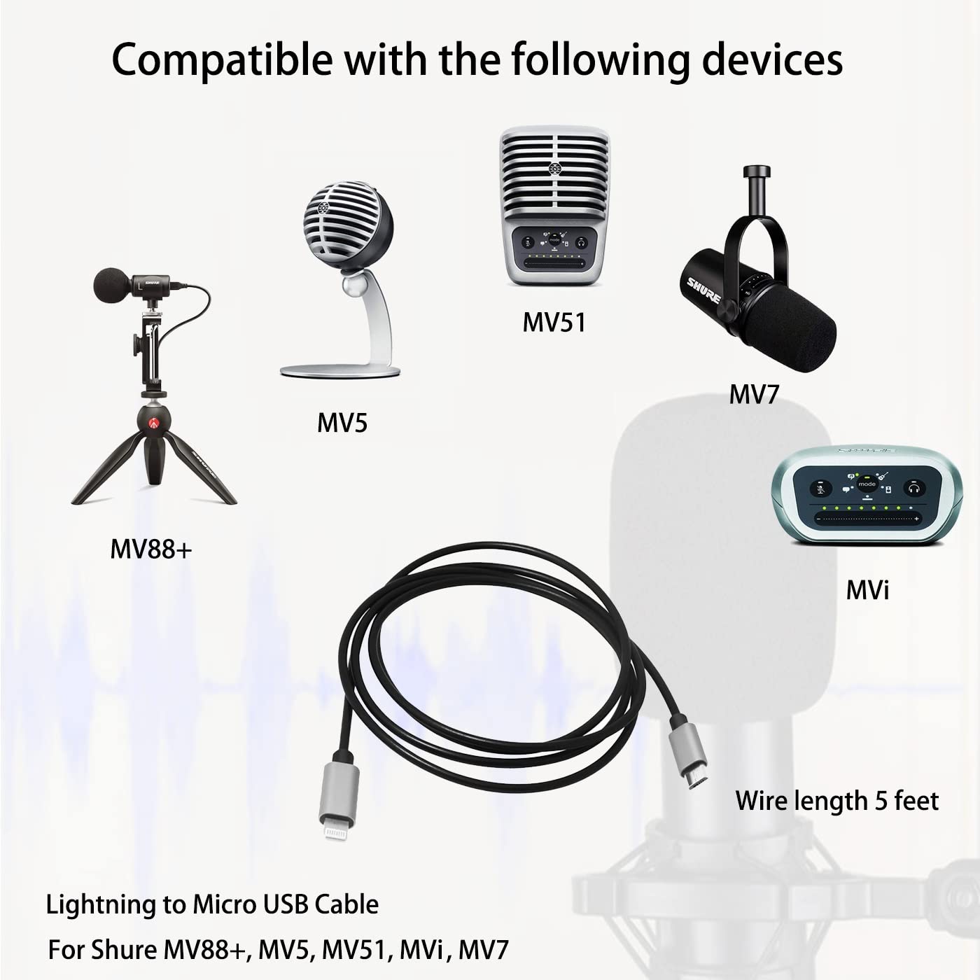Ios 17 To Microusb Otg Cable Compatible With Shure Mv5, Mv51, Mv88+ And Mvi (Amv Ltg15), Motiv Products, 1.5M 5Feet, For Iphone