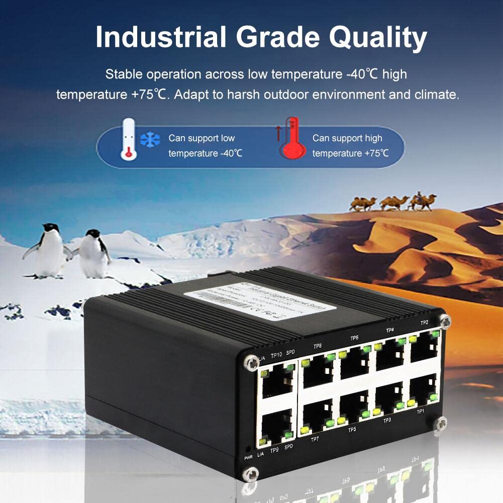 Mini Industrial Switch 10 Ports Gigabit Switch Hardened 10 Port Rj45 10/100/1000Mbps Ethernet Switch Din Rail Mount Outdoor Ethe
