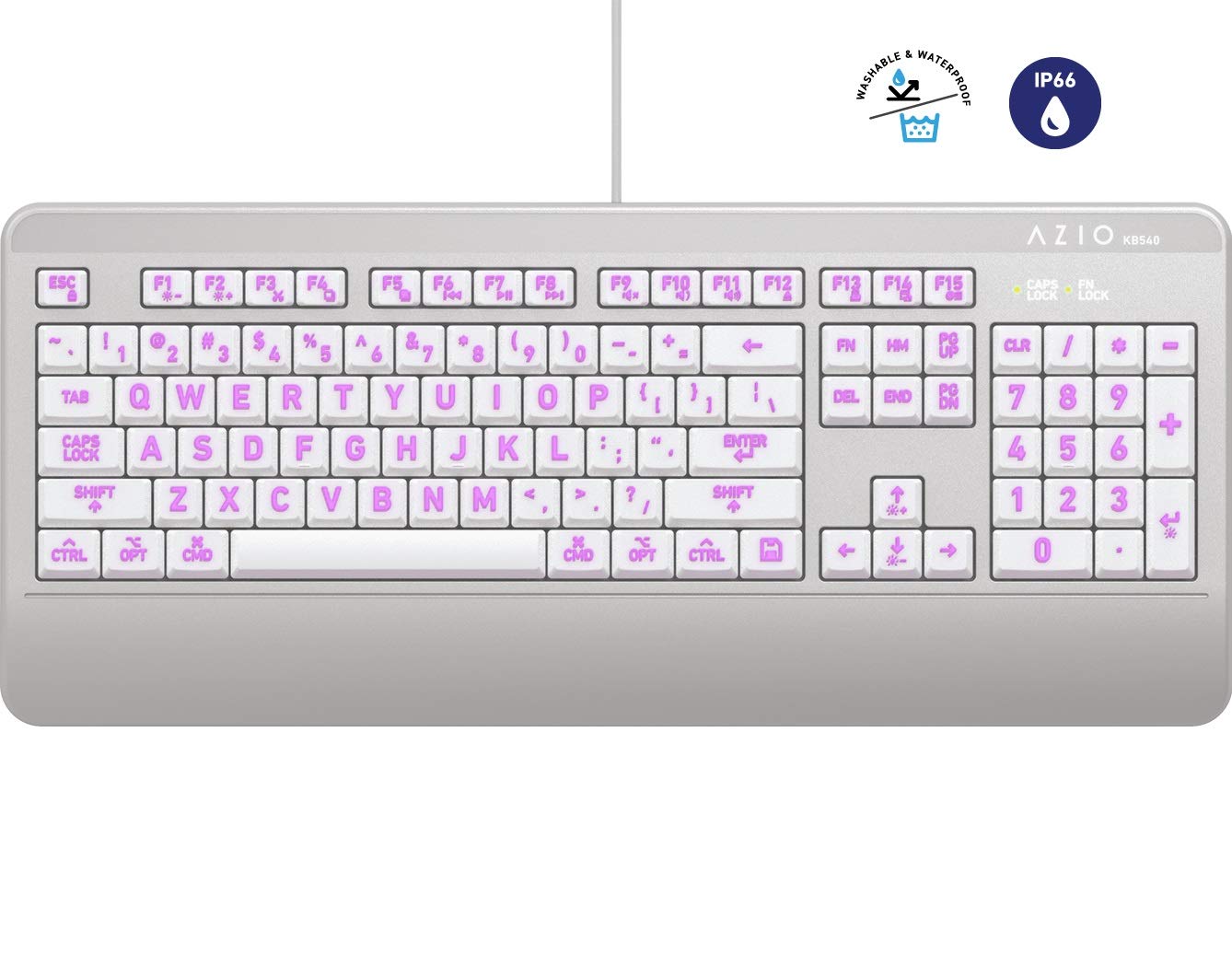 Azio Vision Mac Usb C Keyboard, Backlit/Large Print, 3 Interchange Backlight Colors, Blue/Red/Purple (Kb540)