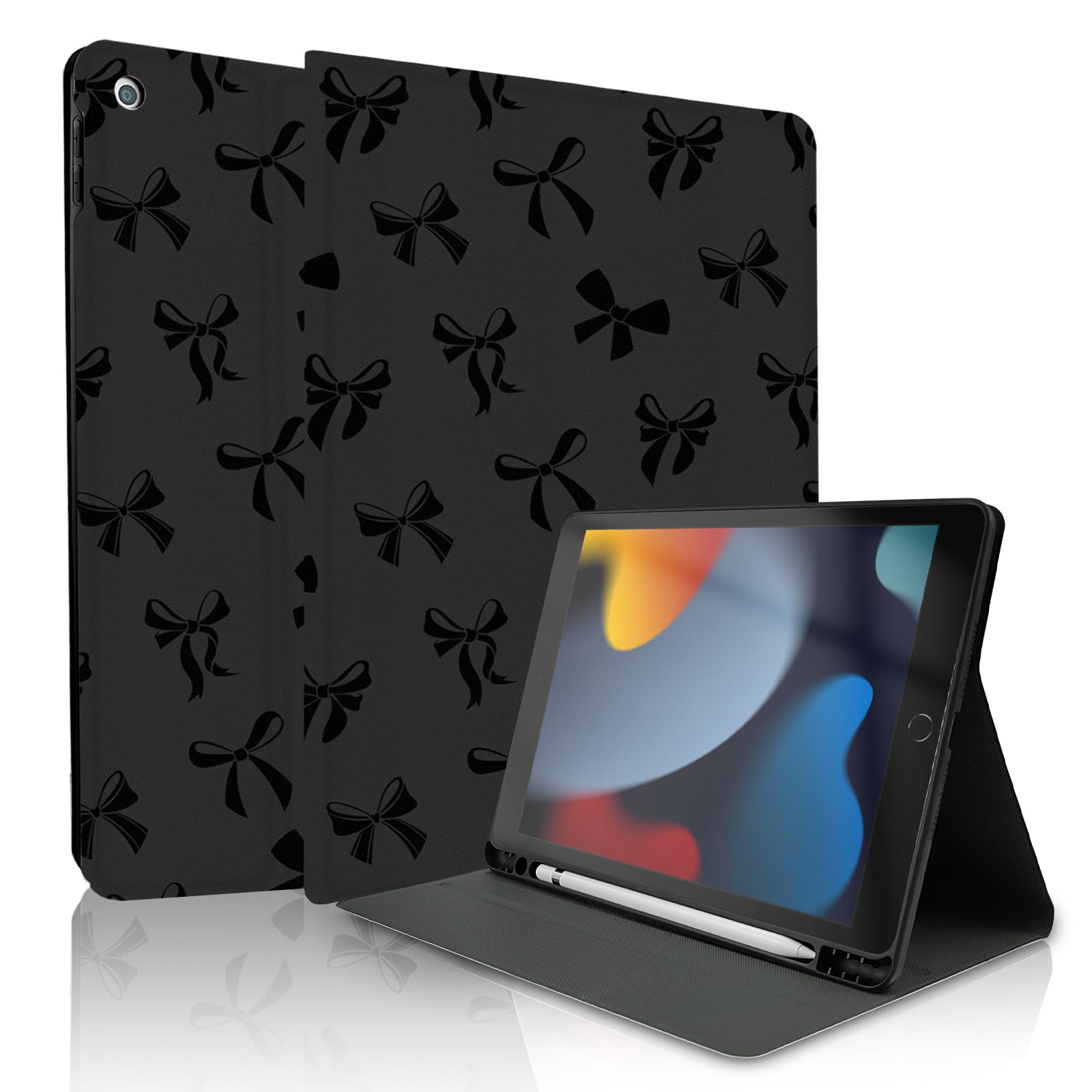 TopPerfekt for iPad 9th / 8th / 7th Generation 10.2 Inch 2021/2020/2019 Case, Black Bow Cute Chic Adorable with Pencil Holder fo