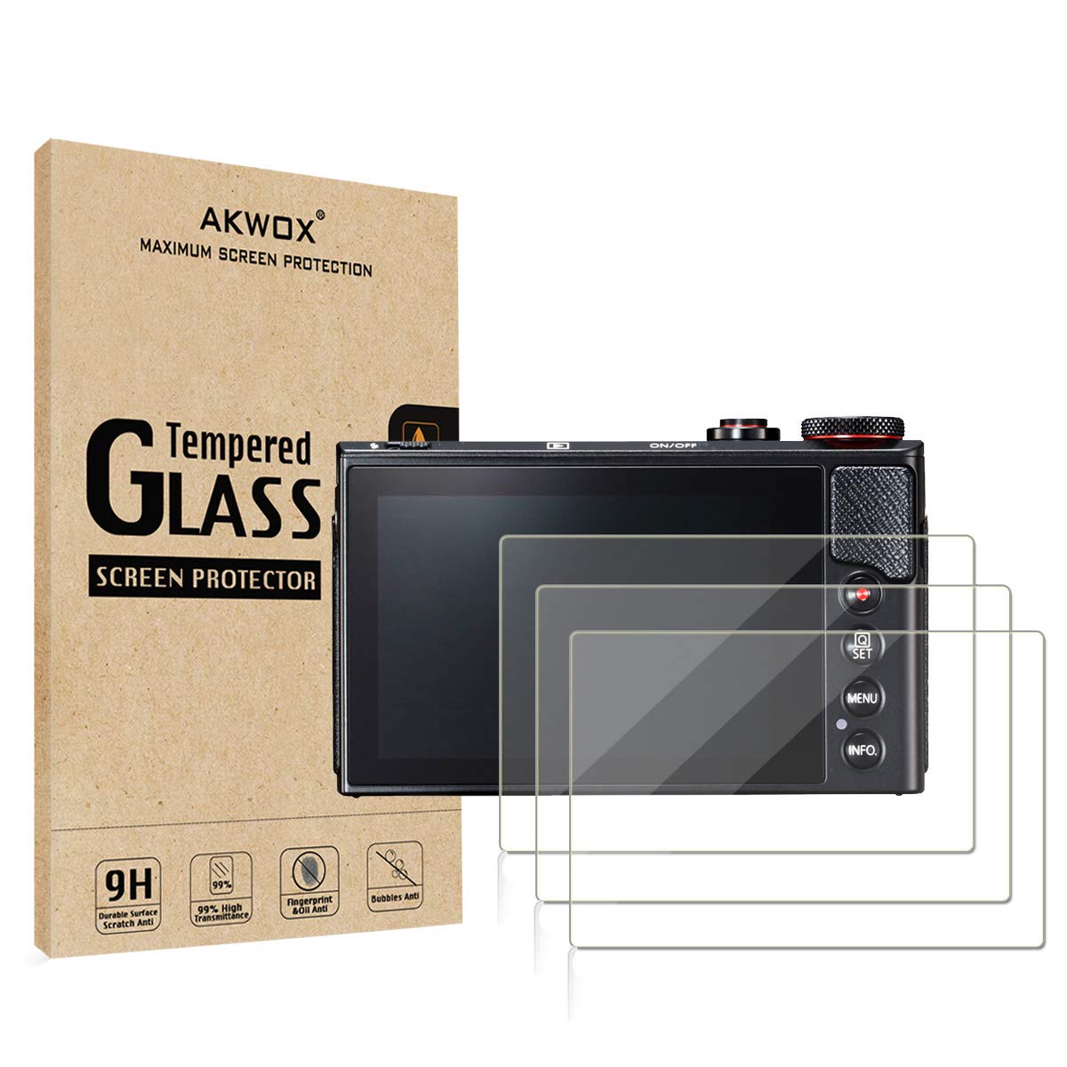 AKWOX [3-Pack] Tempered Glass Screen Protector for Canon G7X Mark II G9X G9XII G7X G5X, 9H LCD Protective Cover