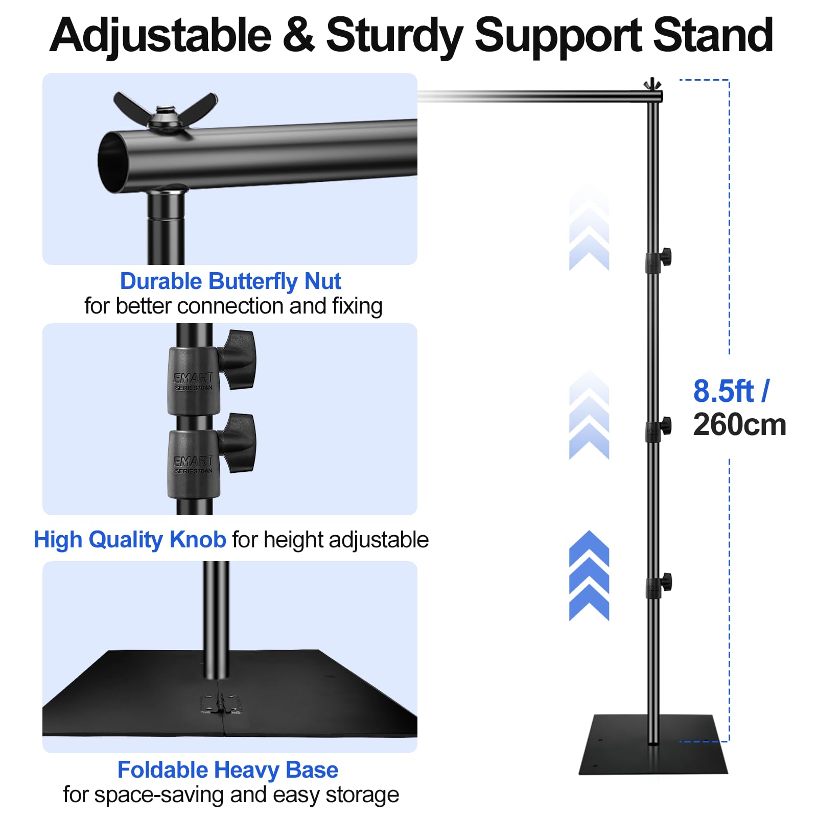 Emart Backdrop Stand, 8.5Ft Height 10Ft Width Adjustable Photography Background Support Poles With Heavy Duty Flat Base, Photo Metal Steel Pipe And Drape Frame Kit For Parties Birthday Wedding   Black