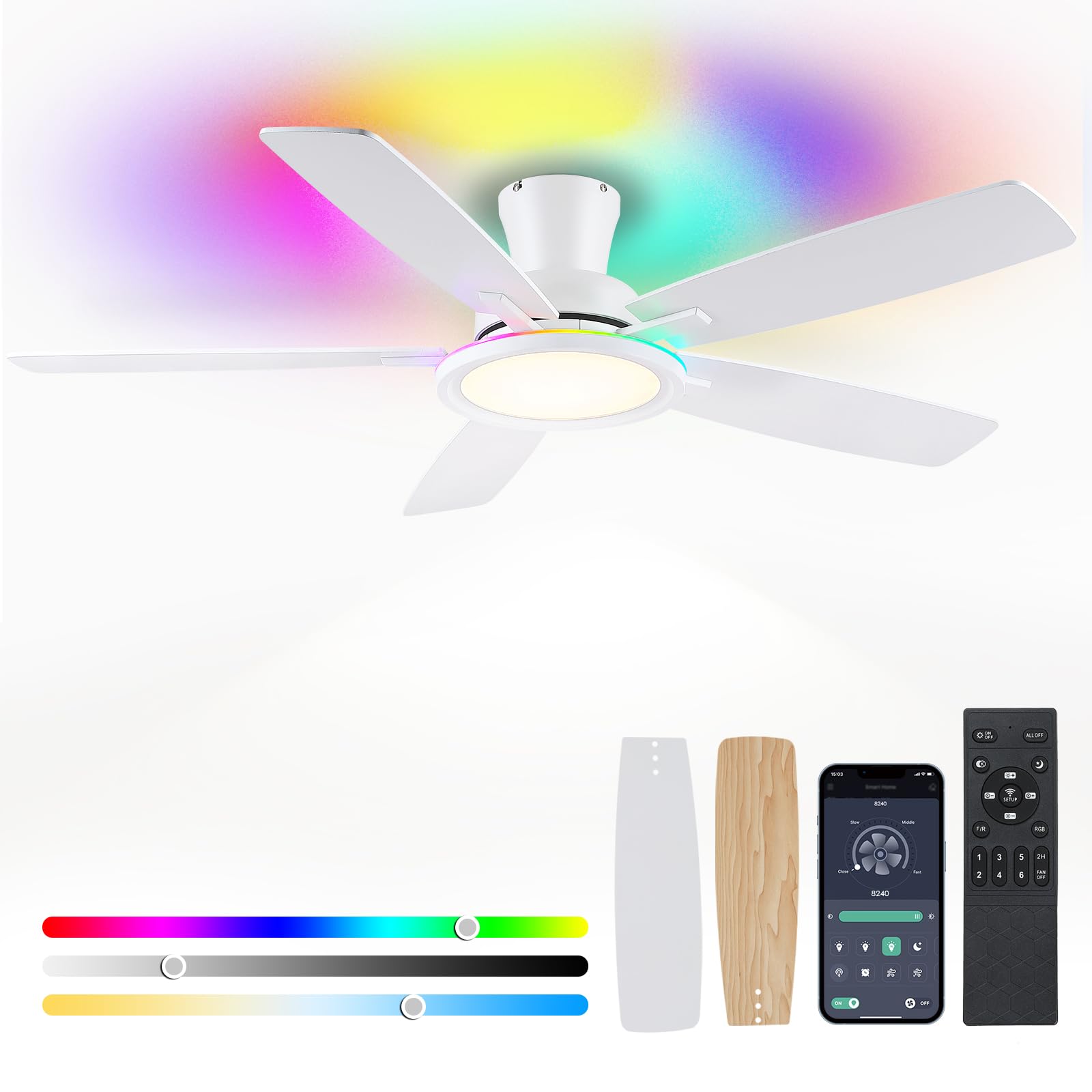 BYKISTOK Flush Mount RGB Ceiling Fan with RGB Light - 52In White Ceiling Fan Light with Reversible Mute Motor, 3CCT LED Dimmable