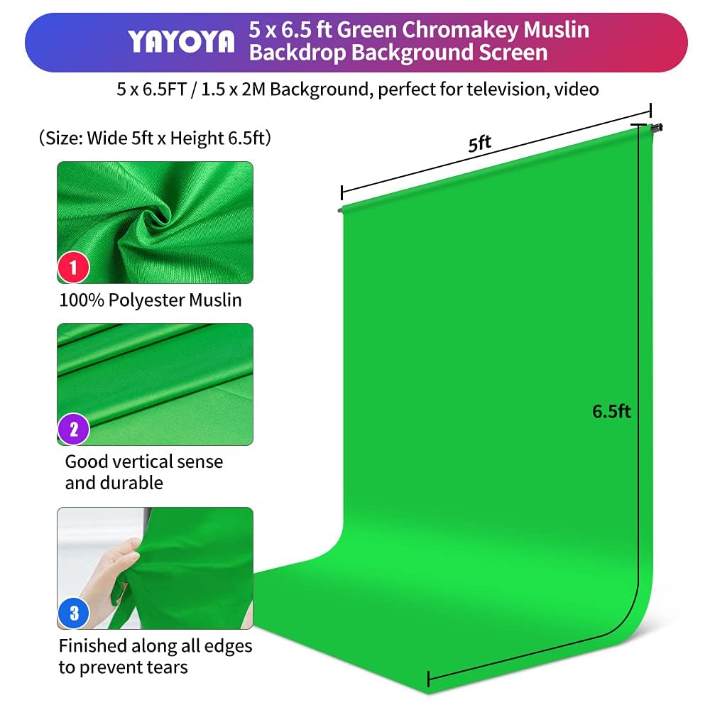 Green Screen Backdrop With Stand Kit, 5 X 6.5 Ft Portable Chromakey Green Screen Stand Kit With T Shaped Stand & Carrying Bag & 5 Clamps, Greenscreen Background With Stand For Streaming, Gaming, Zoom