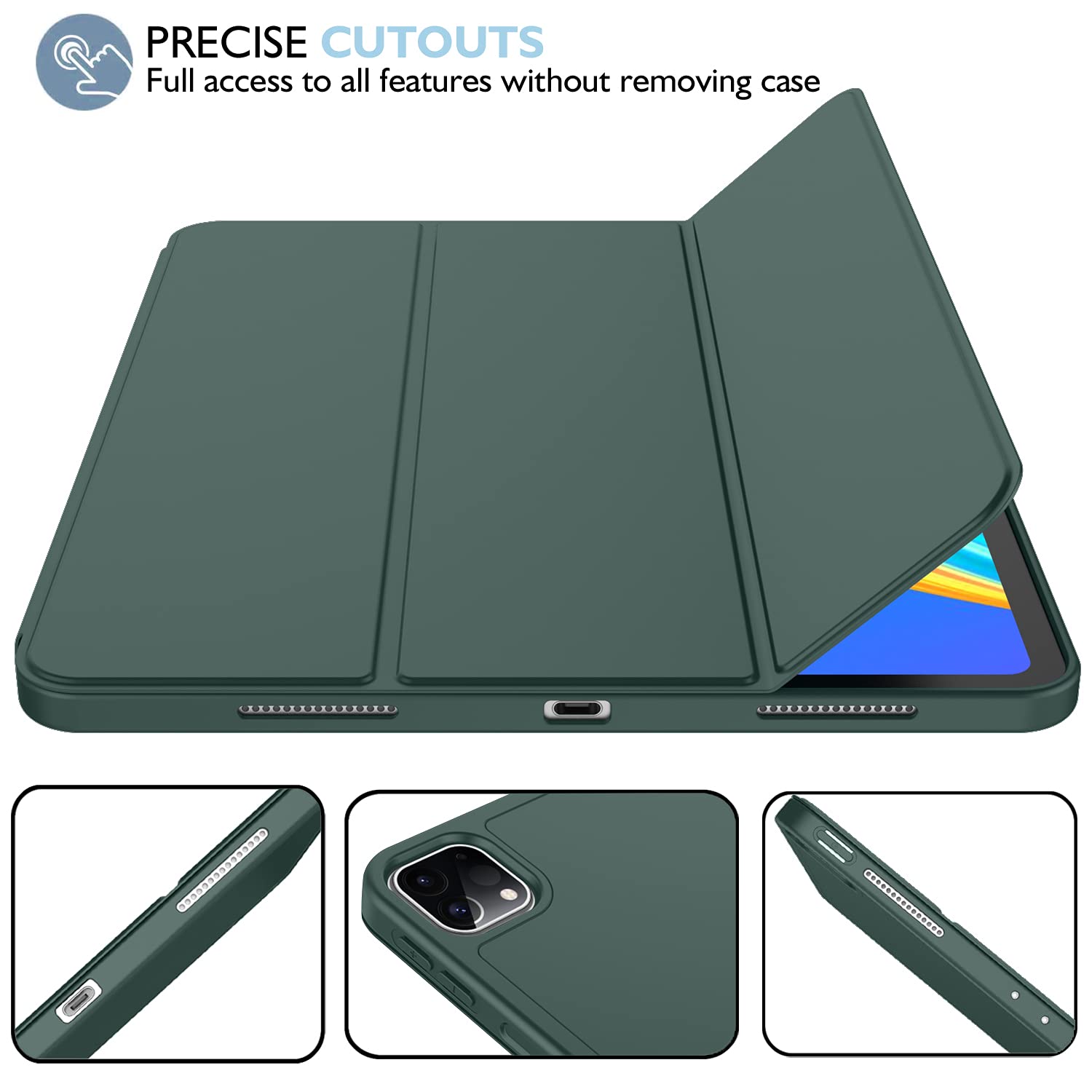 Imieet New Ipad Pro 12.9 Case 2022(6Th Gen)/2021(5Th Gen) With Pencil Holder [Support Ipad 2Nd Pencil Charging/Pair],Trifold Stand Smart Case With Soft Tpu Back,Auto Wake/Sleep(New Midnight Green)