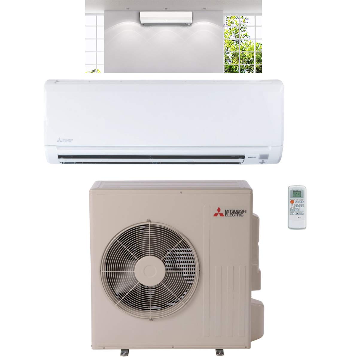 Mitsubishi 9,000 Btu 3/4 Ton Cooling Heating   Ductless Mini Split Wall Mounted Air Conditioning System 115V   17 Seer