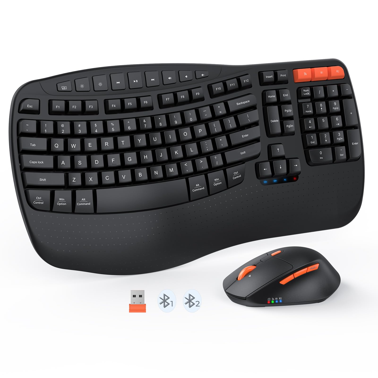 Meetion Wave Ergonomic Keyboard And Mouse Wireless, Usb/Bluetooth Wave Ergo Keyboard With Wrist Rest, 4 Dpi Adjustable Swing Whe