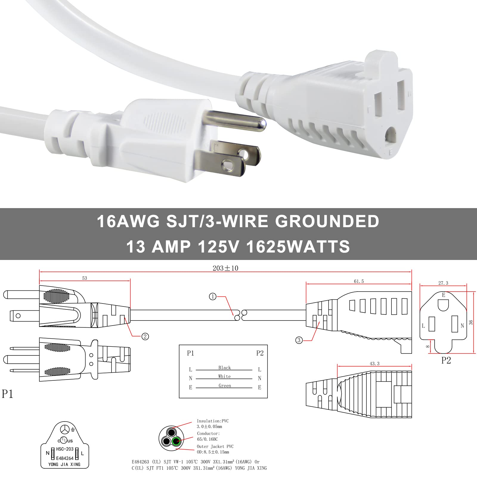 Kuncan Short Power Extension Cord   8 Inches 3 Prong Grounded Outlet Saver 16Awg/13A Heavy Duty Power Cord (Nema 5 15P To Nema 5