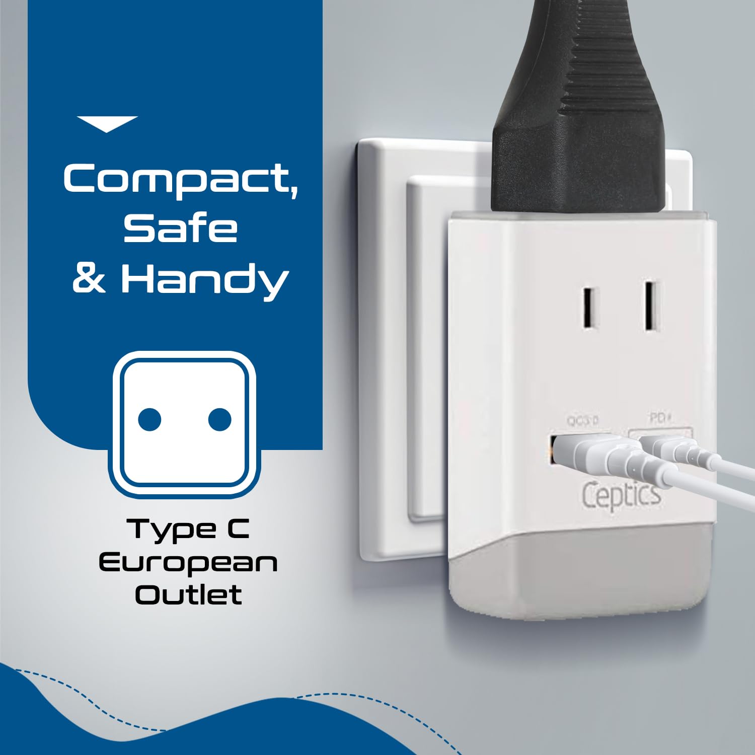 Ceptics 2 Pack European Travel Plug Adapter, Us To Europe Plug Adapter, 18W Pd-Qc 3.0, Dual Usb & Usb-C - 2 Usa Socket - Compact