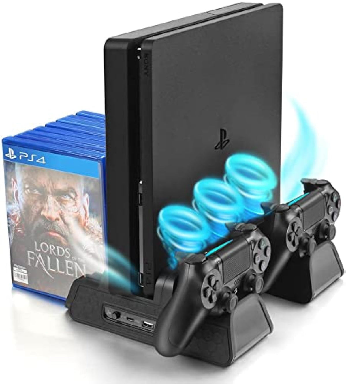 Urwoow Vertical Stand For Ps4/Ps4 Slim/Ps4 Pro   Cooling Fan With Ps4 Charger Controller Charging Station With Game Storage (Black)